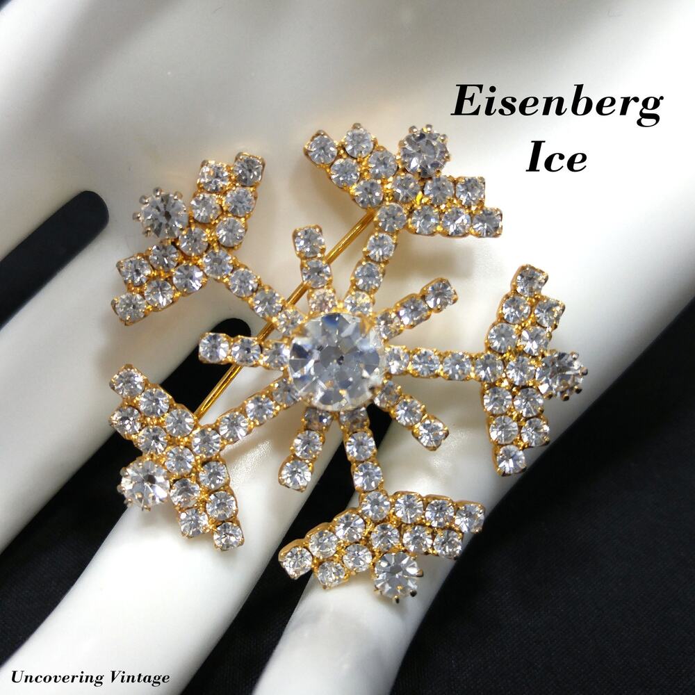 Eisenberg Ice Snowflake Brooch, Clear Rhinestones, Gold Plated, Vintage Jewelry